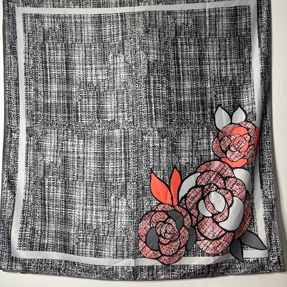 100%Silk Oversized Black Denim-Like Pattern w/ Flower Scarf -Black,Grays &Salmon - Picture 3 of 3